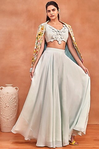 Blue Organza Flared Pant Set by Label Sayaanika