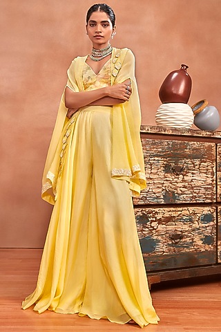 Yellow Organza Sequins Work Cape Set by Label Sayaanika