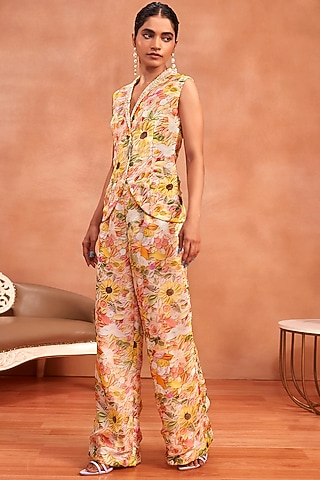 Multi-Colored Organza Floral Printed Pant Set by Label Sayaanika