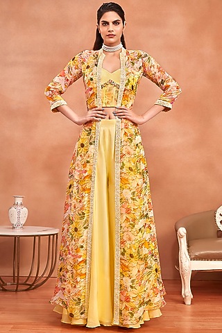 Yellow Organza Floral Printed Cape Set by Label Sayaanika
