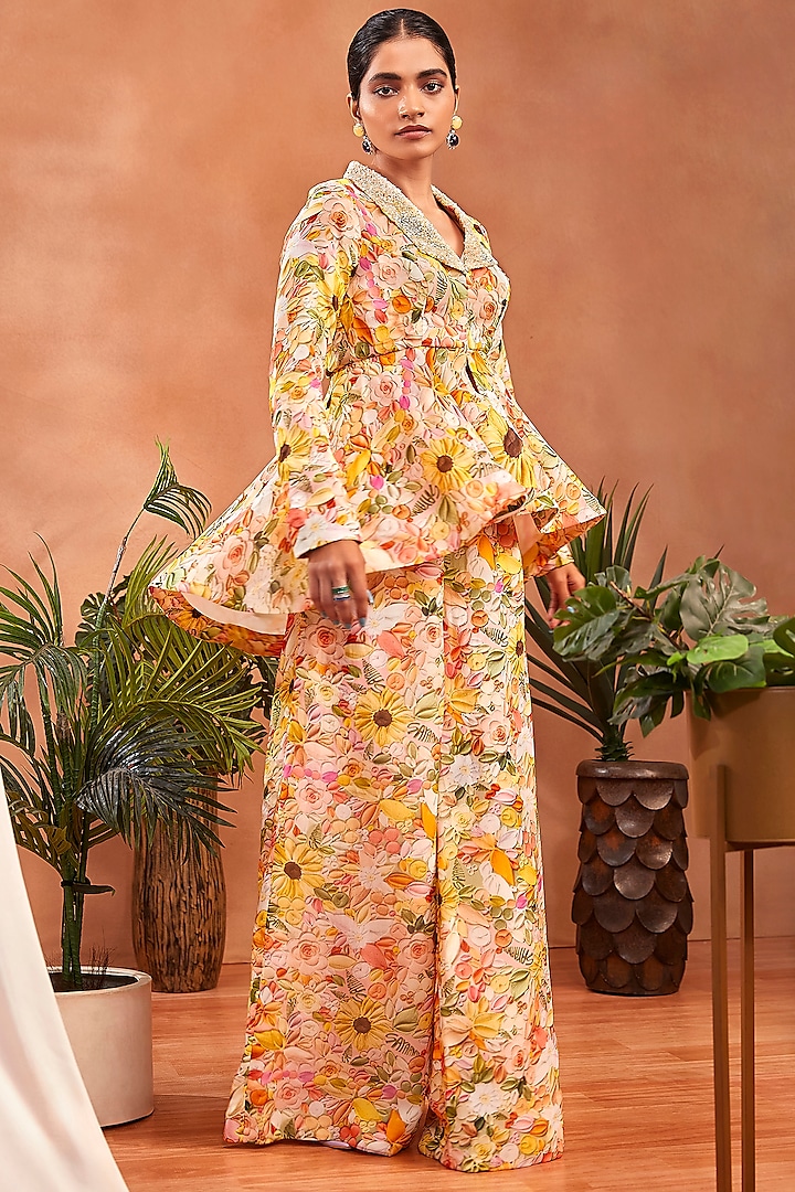 Multi-Colored Organza Floral Printed Flared Pant Set by Label Sayaanika