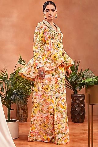 Multi-Colored Organza Floral Printed Flared Pant Set by Label Sayaanika