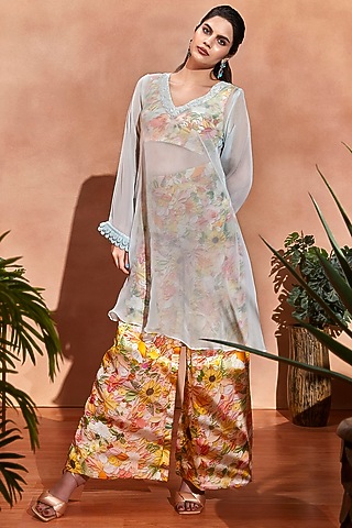 Blue Organza Embellished Kurta Set by Label Sayaanika