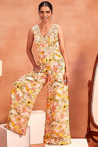 Multi-Colored Organza Floral Printed Sleeveless Jumpsuit by Label Sayaanika