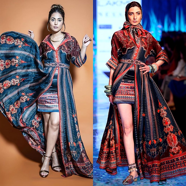 Navy Blue Embroidered Party Wear Shirt Dress With Skirt & Scarf by Rajdeep Ranawat at Pernia's Pop Up Shop