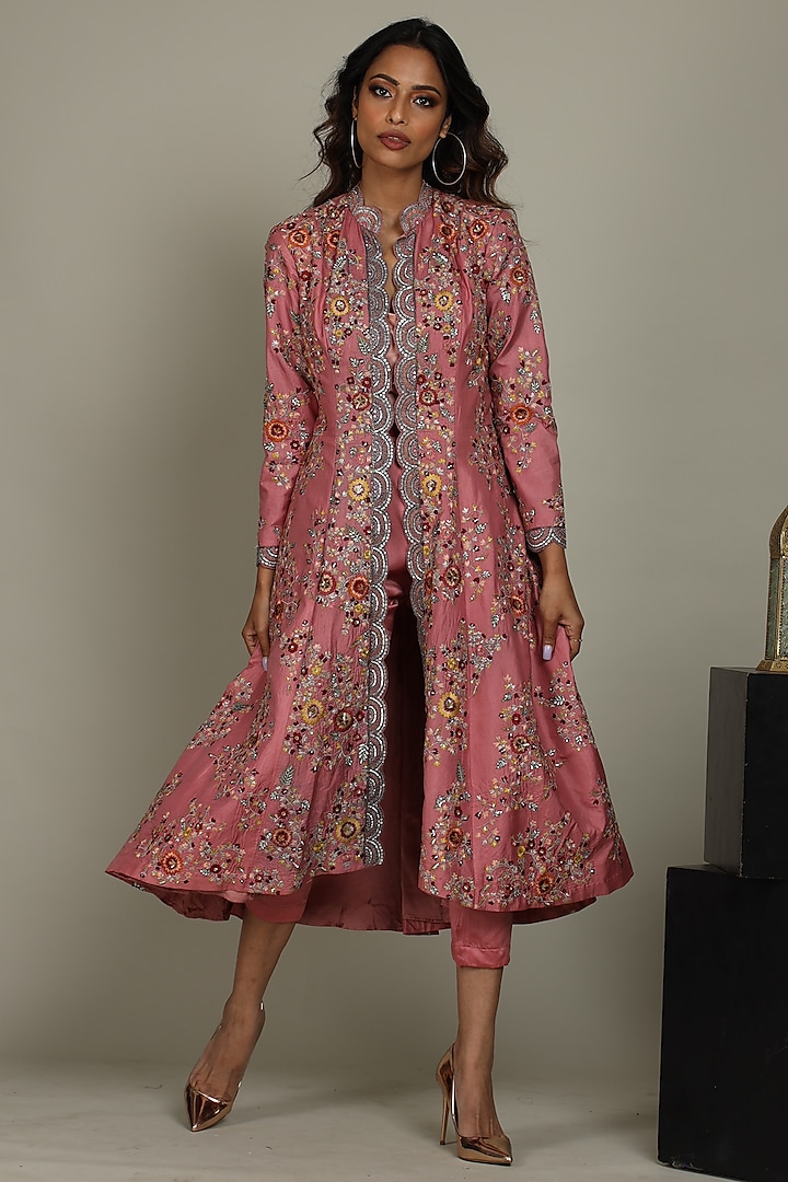 Dusty Pink Pure Silk Embroidered Jacket Set by ANJALIVERMA