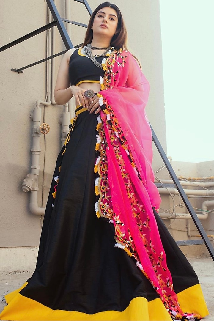 Black & Mustard Yellow Organza Wedding Lehenga Set by Nitara Dhanraj Label at Pernia's Pop Up Shop