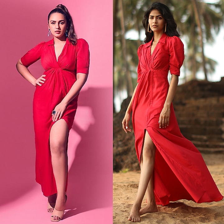 Red A-Line Summer Shirt Dress With Elbow Sleeves by Zwaan at Pernia's Pop Up Shop