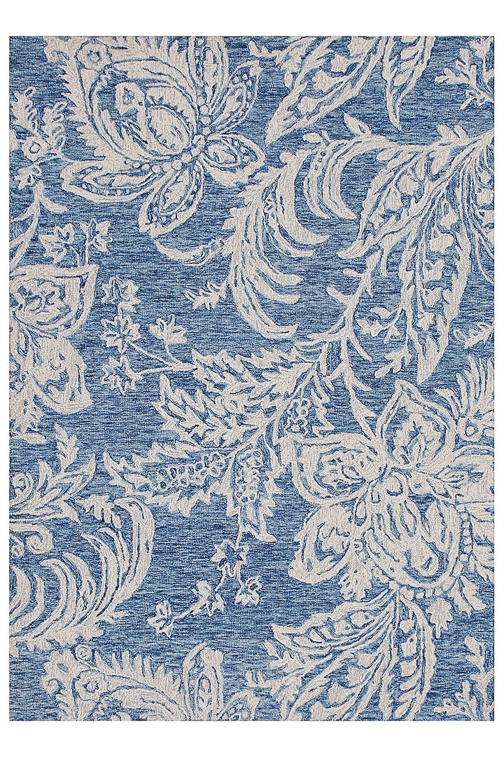 Cobalt Blue Hand-Tufted Rug With Monochromatic Floral Motifs by The blue knot