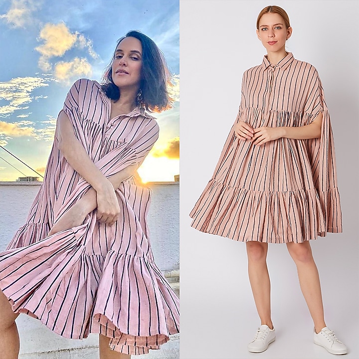 Salmon Pink & Dark Blue Striped Cape Summer Dress by Mati at Pernia's Pop Up Shop