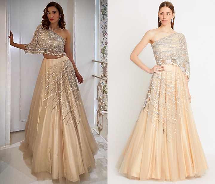 Nude Embroidered Wedding Lehenga Skirt With Draped Blouse by Dilnaz Karbhary at Pernia's Pop Up Shop