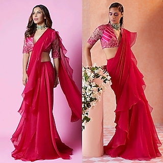 Fuchsia Ruffled Draped Saree Set  by Ridhi Mehra