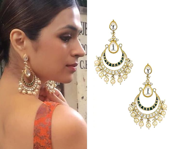 Raina Jewels presents Gold plated white and green jadtar stones crescent earrings available only at Pernia's Pop Up Shop.