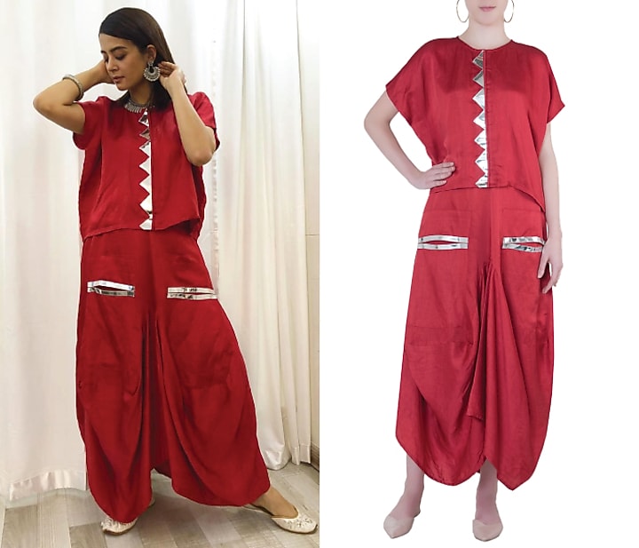 Red boxy top with dhoti skirt by Roshni Chopra at Pernia's Pop Up Shop