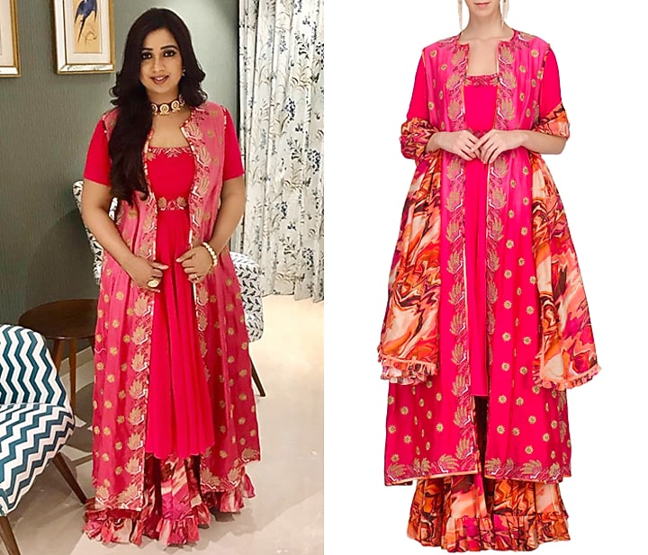 Fuschia pink embroidered anarkali and jacket with printed sharara pants available only at Pernia's Pop Up Shop.