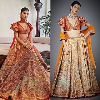 Burnt Orange Printed Lehenga Set by Ri Ritu kumar
