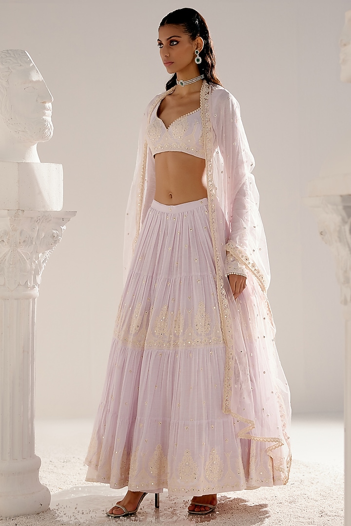 Lavender Cotton Mulmul Thread & Mirror Work Lehenga Set by PREEVIN at Pernia's Pop Up Shop