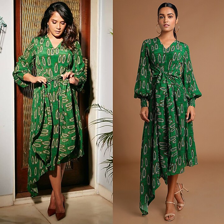 Green Printed Asymmetric Summer Dress by Masaba at Pernia's Pop Up Shop