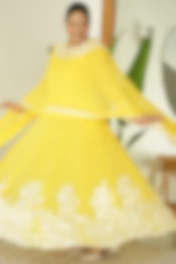 Yellow Georgette Thread Embroidered Anarkali Set by Bharat Adiani