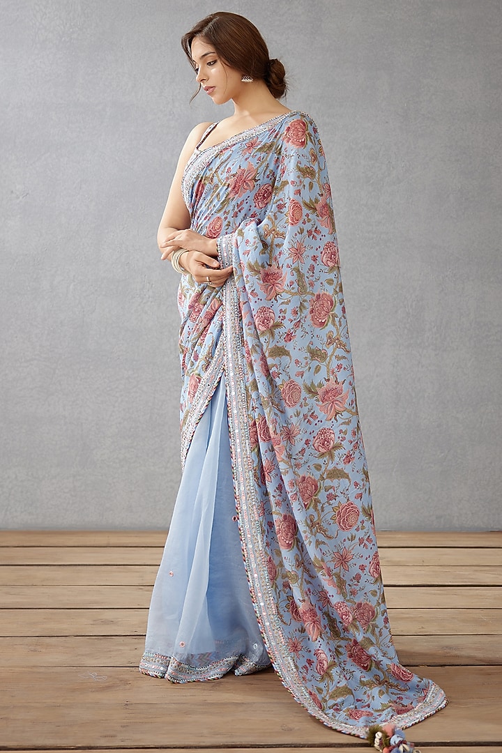 Sea Blue Silk Organza Digital Printed & Embroidered Reception Saree by TORANI at Pernia's Pop Up Shop