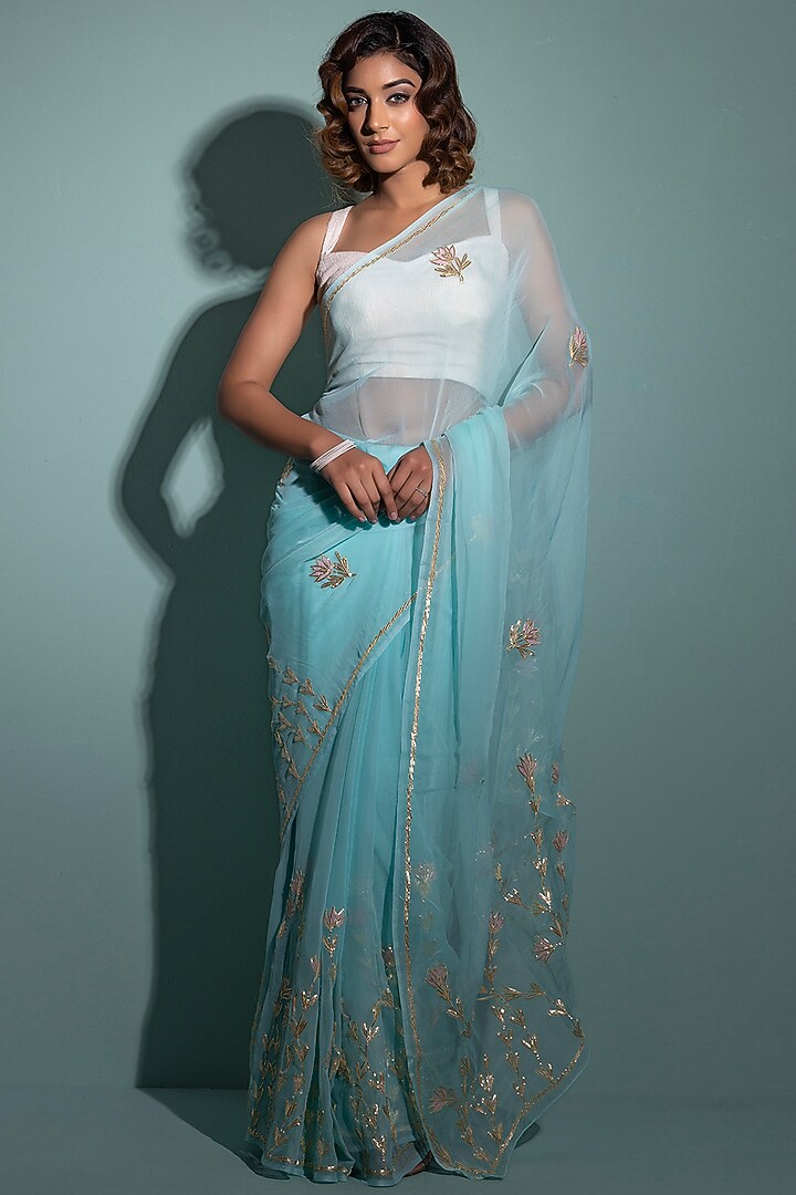 Turquoise Chiffon Hand Embroidered Festive Saree Set by Geroo Jaipur at Pernia's Pop Up Shop