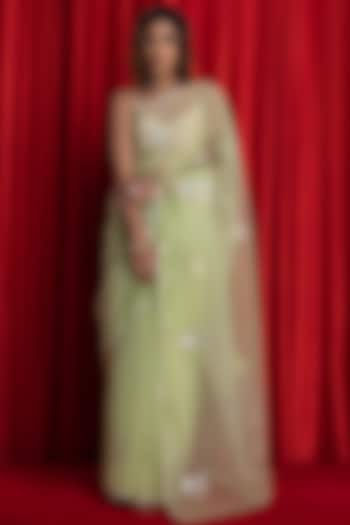 Light Green Organza Hand Embroidered Festive Saree Set by Geroo Jaipur at Pernia's Pop Up Shop