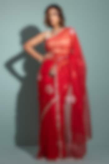 Red Chiffon Hand Embroidered Festive Saree Set by Geroo Jaipur at Pernia's Pop Up Shop