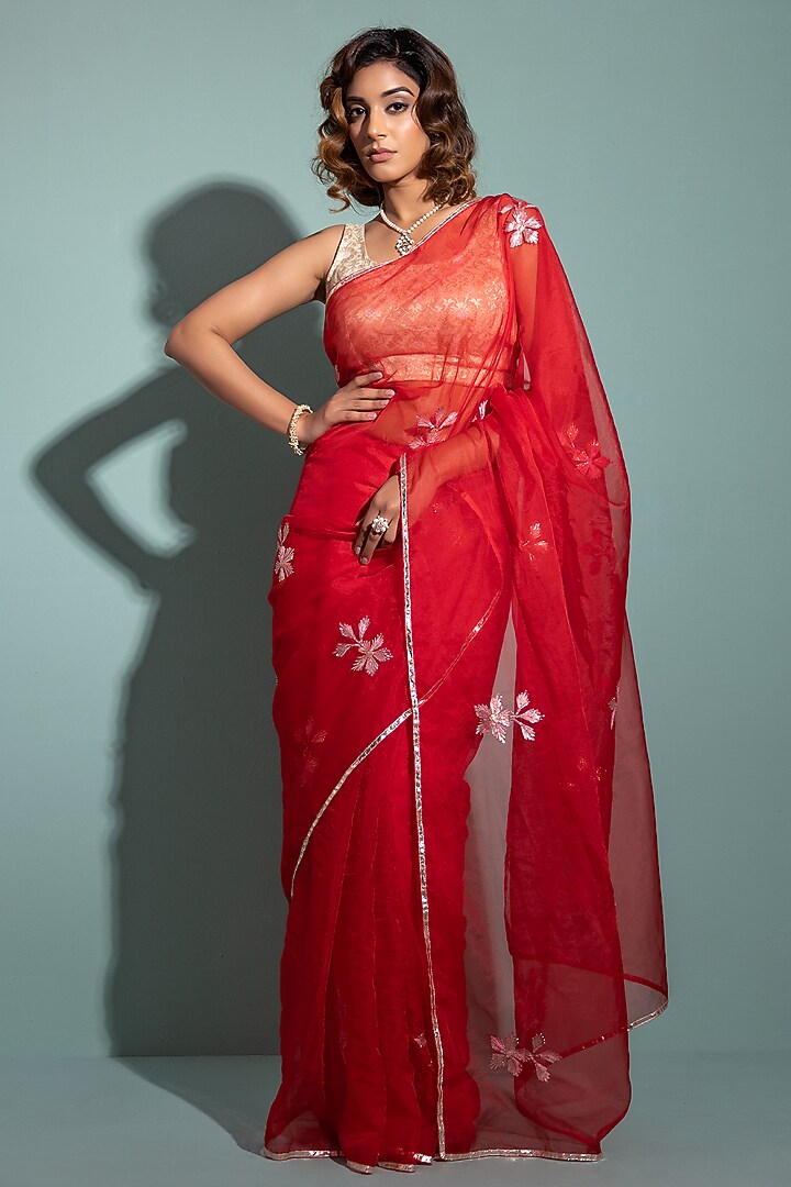 Red Chiffon Hand Embroidered Festive Saree Set by Geroo Jaipur at Pernia's Pop Up Shop
