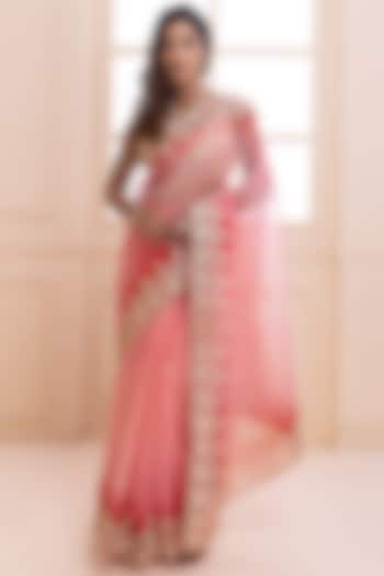 Blush Pink Organza Shaded Hand Embroidered Saree Set by Geroo Jaipur at Pernia's Pop Up Shop