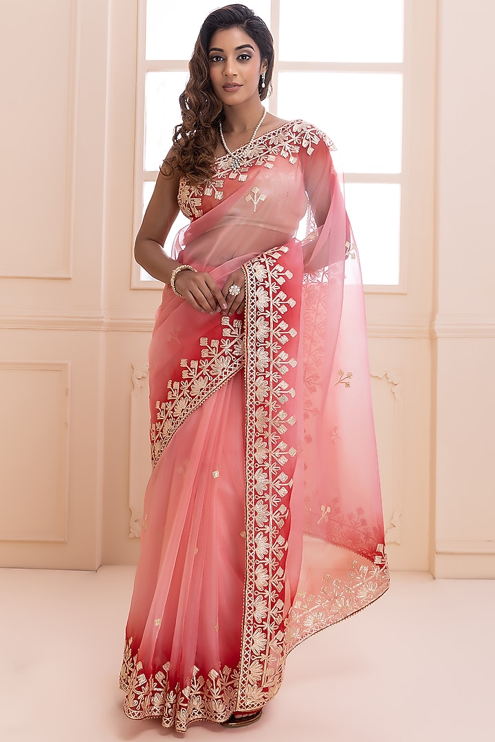 Blush Pink Organza Shaded Hand Embroidered Saree Set by Geroo Jaipur at Pernia's Pop Up Shop