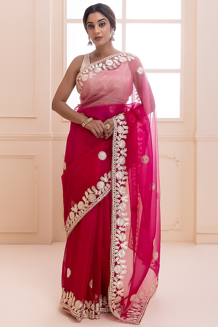 Pink Organza Shaded Hand Embroidered Festive Saree Set by Geroo Jaipur at Pernia's Pop Up Shop
