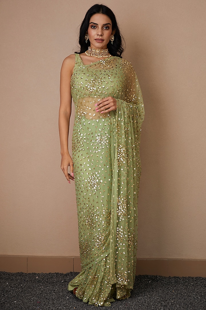 Mint Net & Crepe Embellished Saree Set by Astha Narang