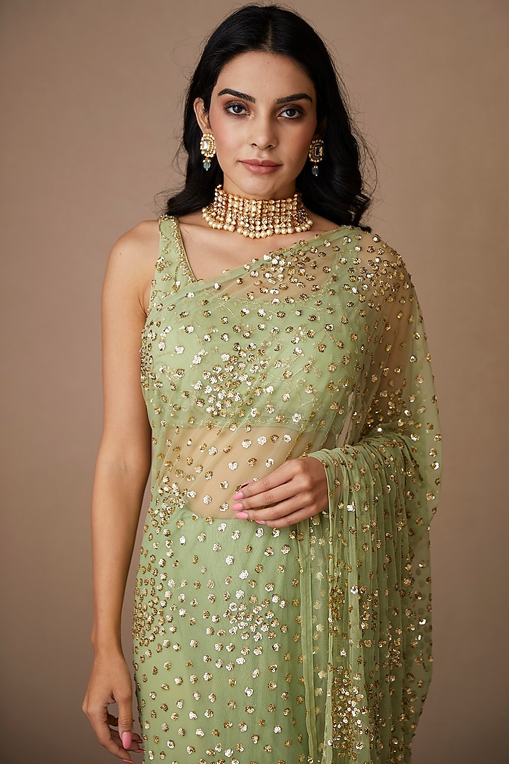 Mint Net & Crepe Embellished Wedding Saree Set by Astha Narang at Pernia's Pop Up Shop
