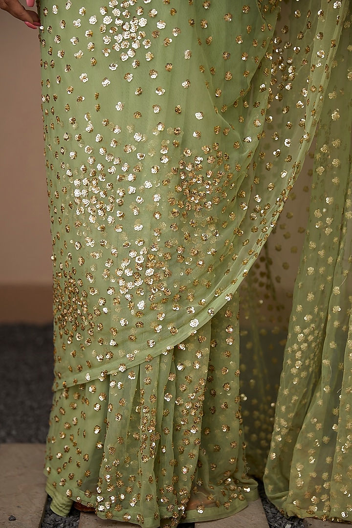 Mint Net & Crepe Embellished Wedding Saree Set by Astha Narang at Pernia's Pop Up Shop