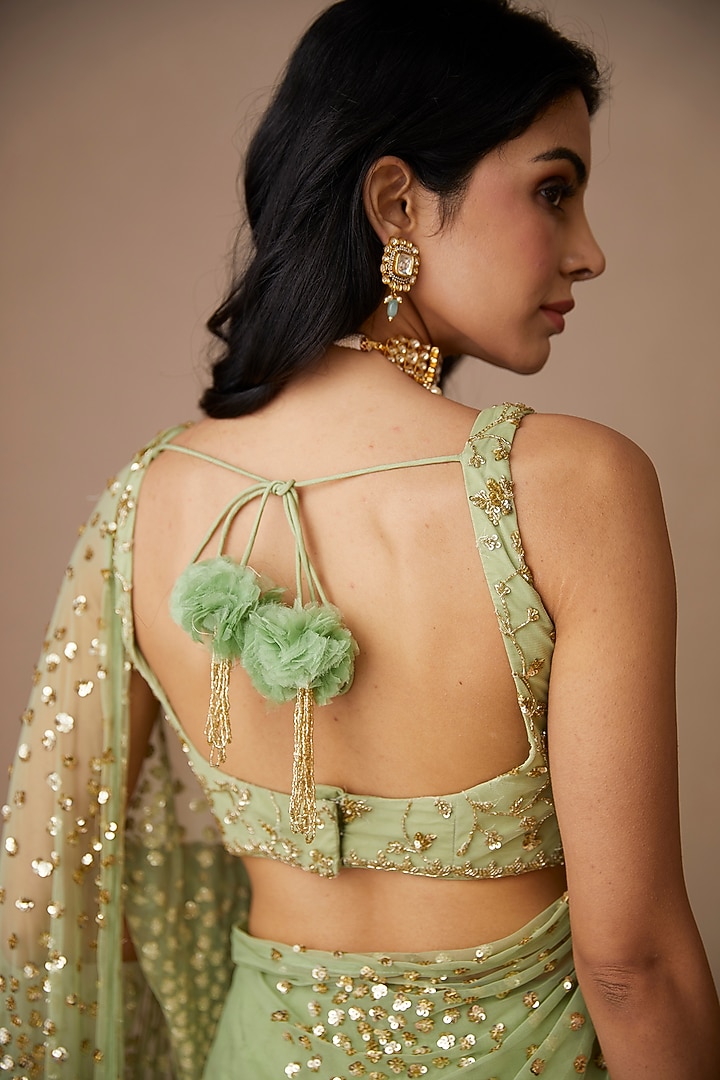 Mint Net & Crepe Embellished Wedding Saree Set by Astha Narang at Pernia's Pop Up Shop