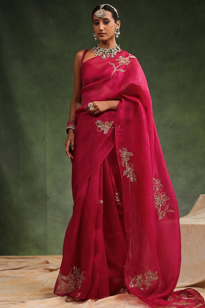 Wine Silk Organza Hand Embroidered Wedding Saree Set by Charu Makkar at Pernia's Pop Up Shop
