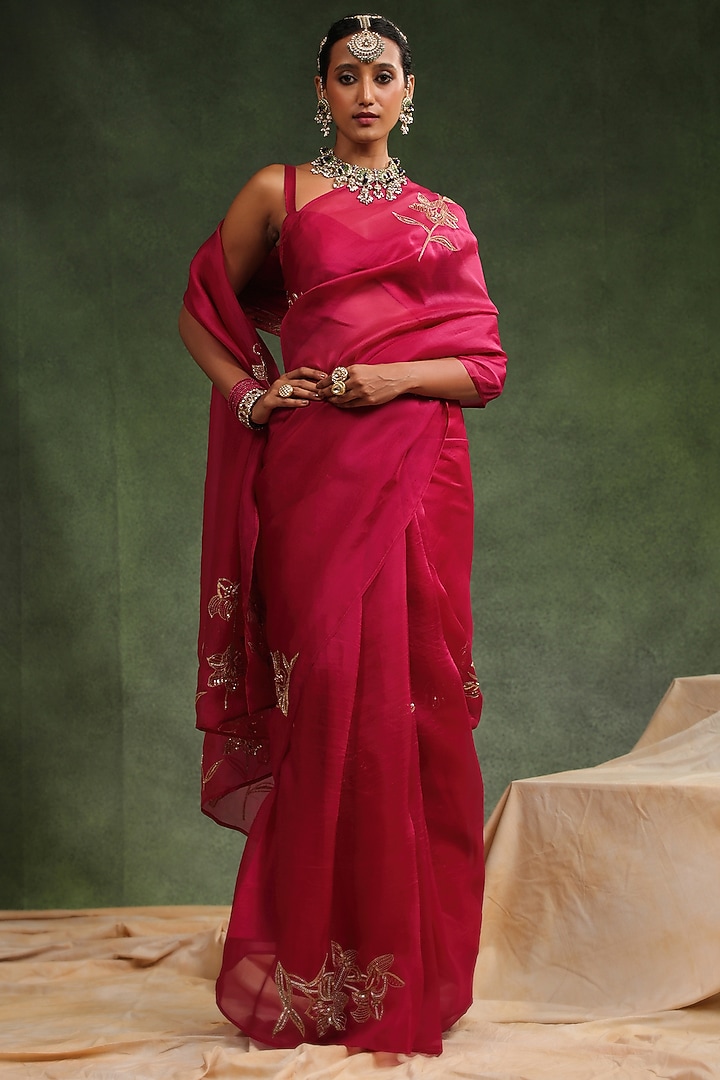 Wine Silk Organza Hand Embroidered Wedding Saree Set by Charu Makkar at Pernia's Pop Up Shop
