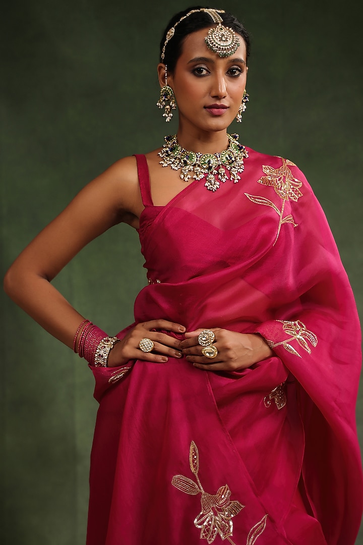 Wine Silk Organza Hand Embroidered Wedding Saree Set by Charu Makkar at Pernia's Pop Up Shop