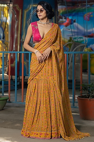 Amber Georgette Printed Skirt Saree Set by Irrau by Samir Mantri