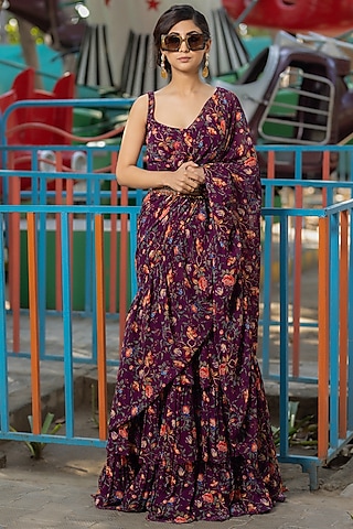 Plum Georgette Printed Skirt Saree Set by Irrau by Samir Mantri