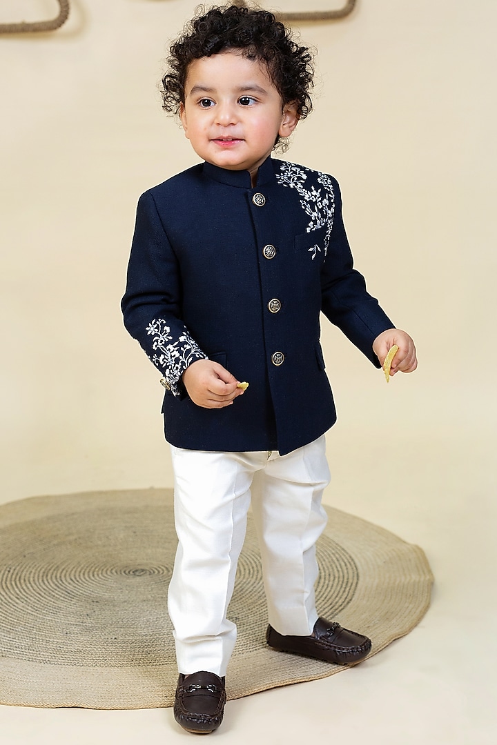 Navy Blue Embroidered Bandhgala Jacket Set For Boys by Little Boys Closet