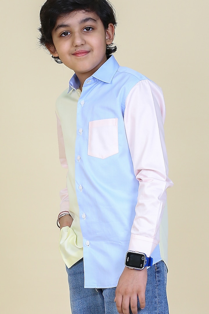 Sky Blue & Blush Pink Cotton Shirt For Boys by Little Boys Closet at Pernia's Pop Up Shop