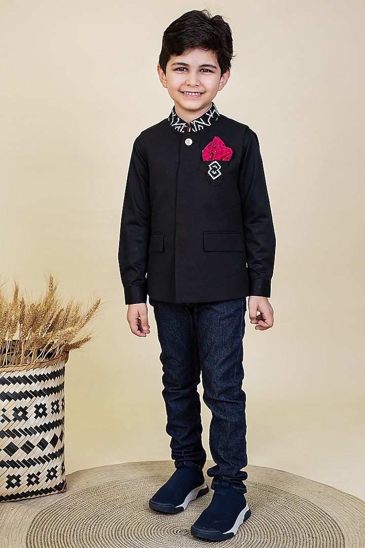 Black Embroidered Waistcoat For Boys by Little Boys Closet