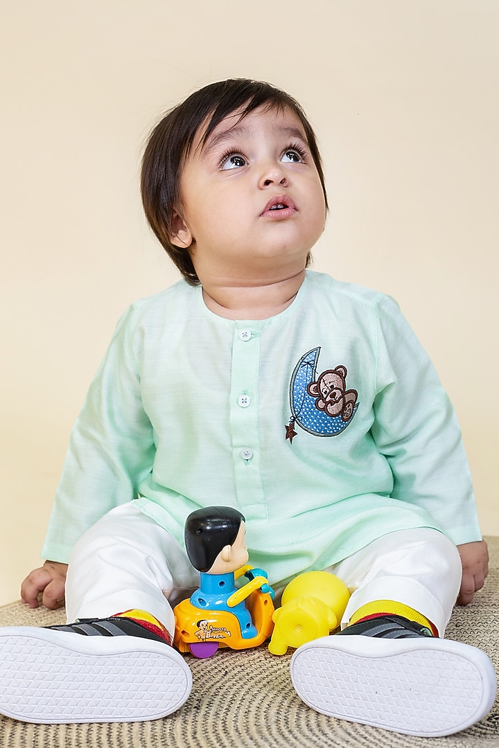 Mint Green Embroidered Kurta Set For Boys by Little Boys Closet at Pernia's Pop Up Shop