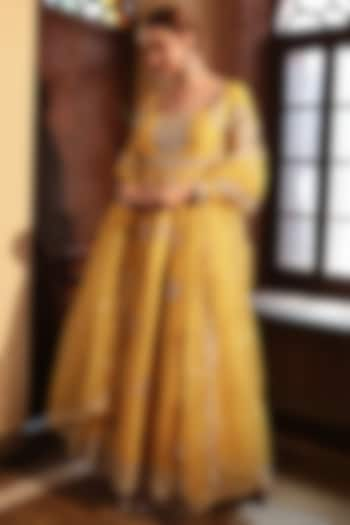 Yellow Chanderi Embroidered Anarkali Set by Kalighata