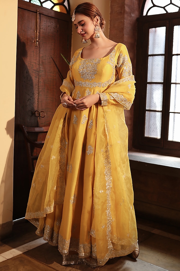 Yellow Chanderi Embroidered Anarkali Set by Kalighata