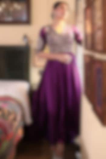 Purple Chanderi Embroidered Anarkali Set by Kalighata