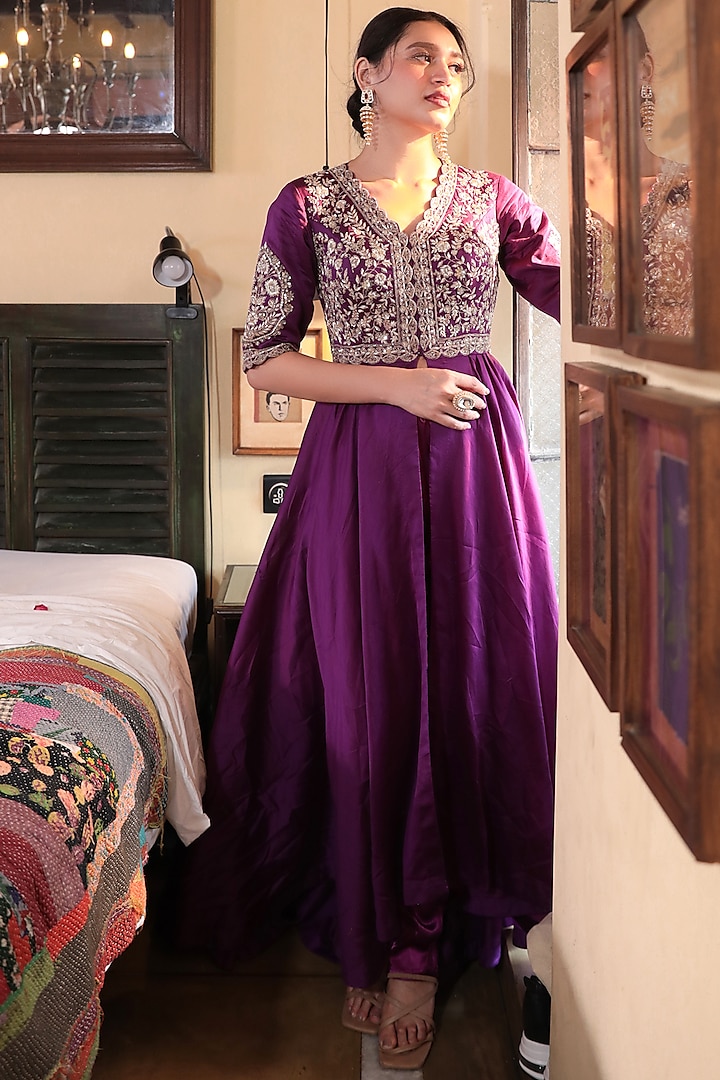 Purple Chanderi Embroidered Anarkali Set by Kalighata