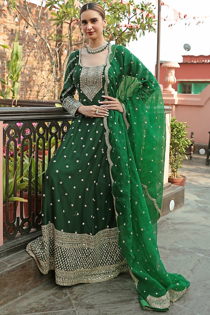 Green Chanderi Embroidered Anarkali Set by Kalighata