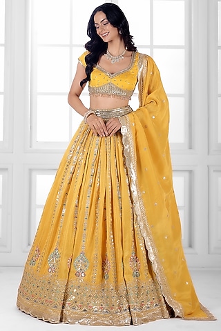 Yellow Tissue Silk Cutdana Embellished Lehenga Set by AJAY & PRIYANKA